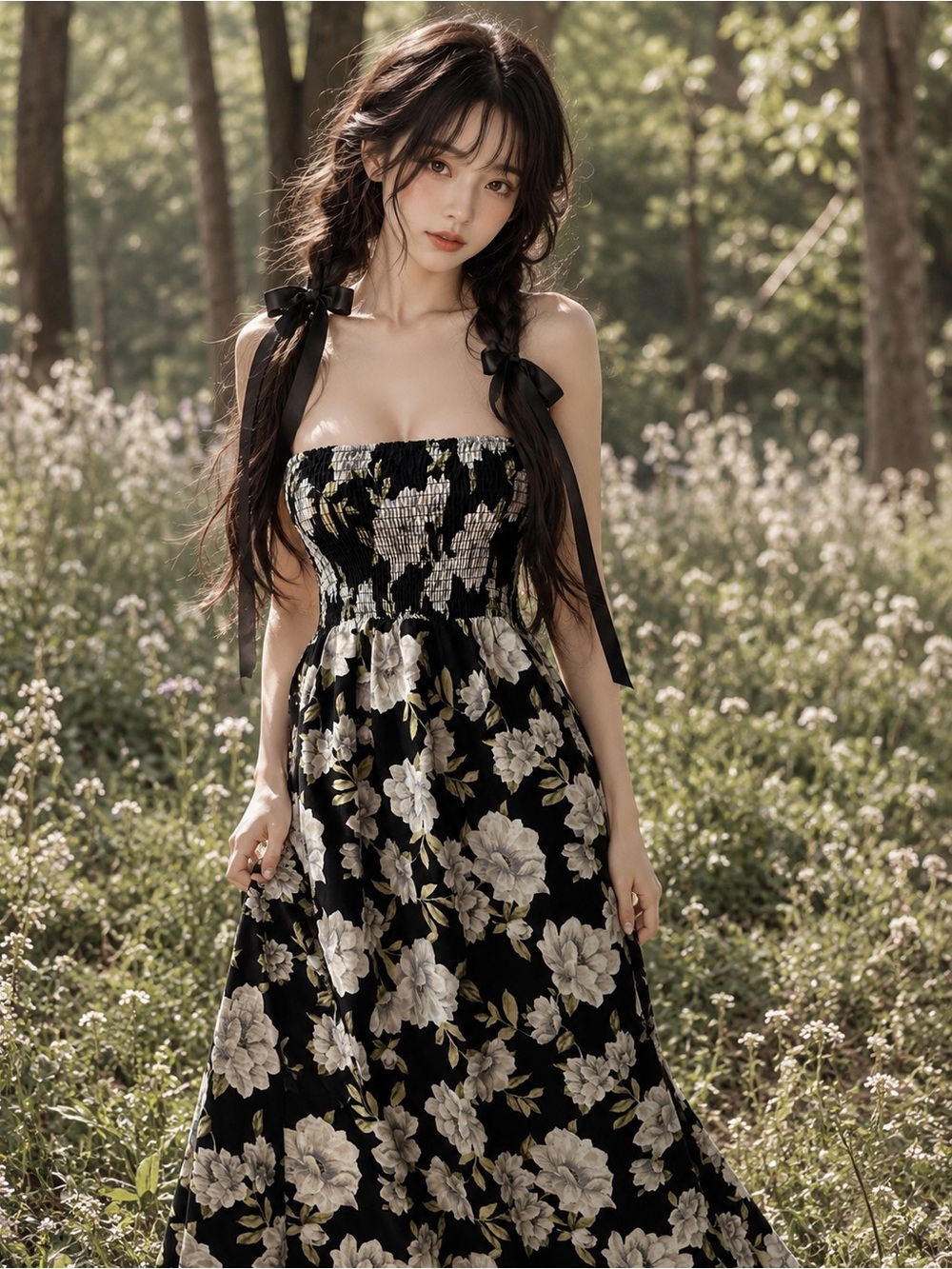 Where Flowers Bloom strapless cottagecore floral smocked maxi dress